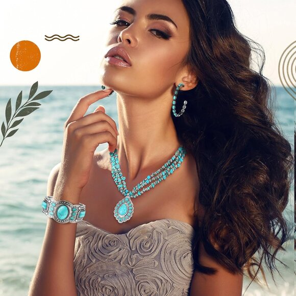Elegant 3-Piece Turquoise Jewelry Set for Women: Choker, Bracelet & Earrings - Picture 5 of 6